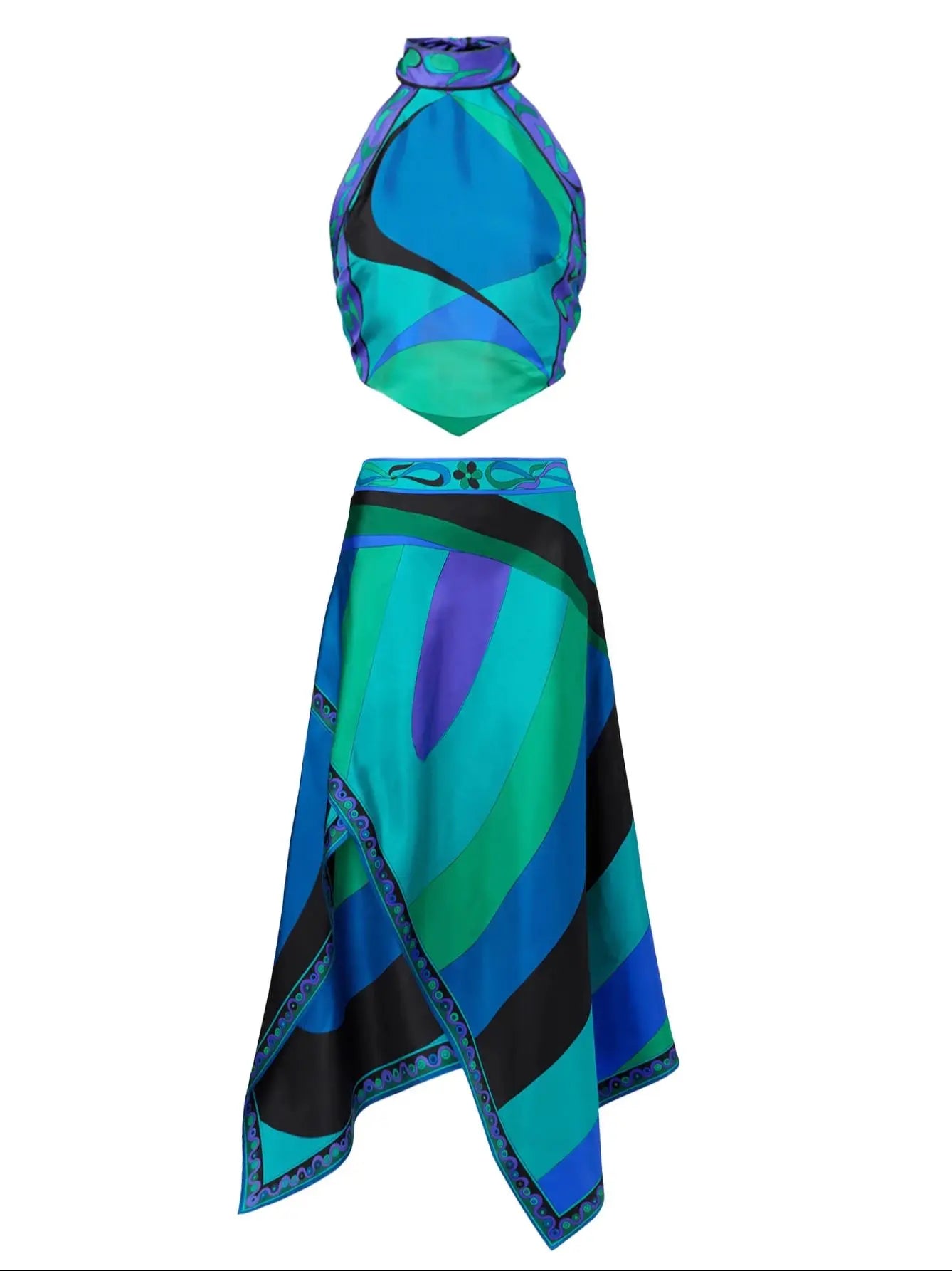 Print Two Piece Beach Set With Sexy Halter Top And High Waist A Line Skirt