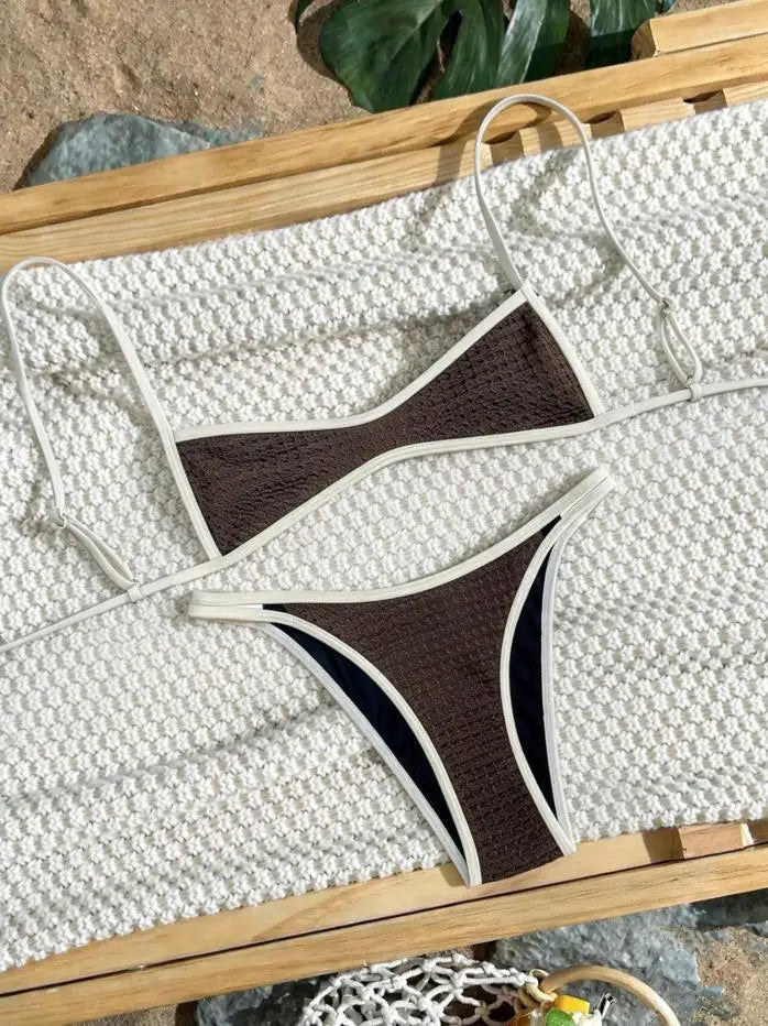 Sexy Micro Print Patchwork Bikini Set Women Pleated Push Up Bra Hollow Out Thong Swimsuit