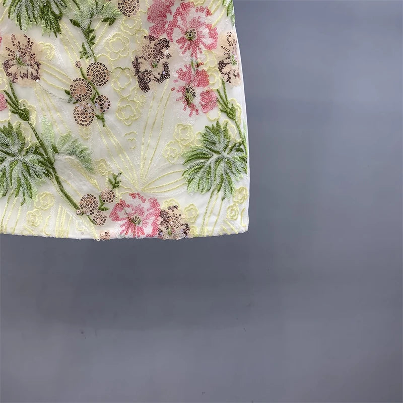Floral Sequined Mini Skirt With High Waist Glam Inspired Retro Vibe