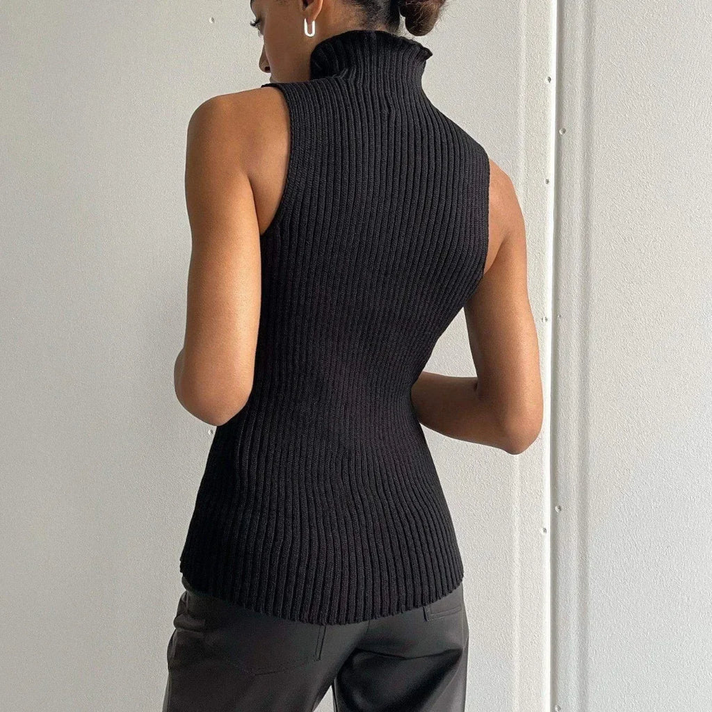 Women's Ribbed Turtleneck Knit Sleeveless Top