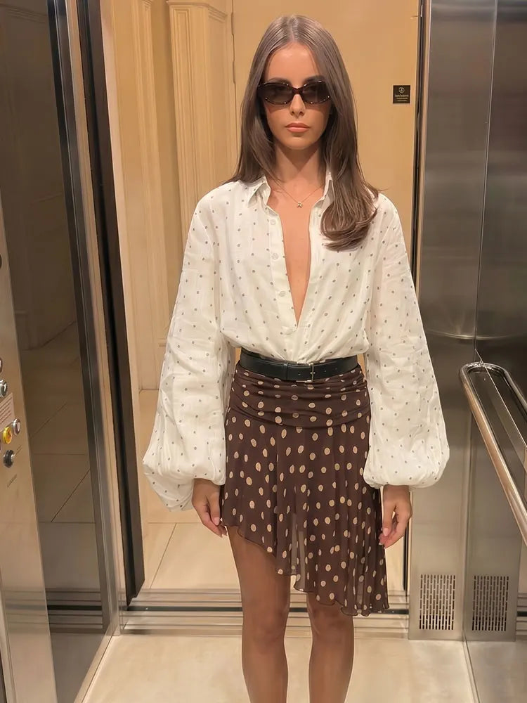 Mini Brown Skirt Yellow Polka Dot High Waist