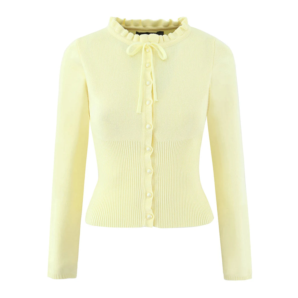 Lacing Up Bow Woodears O neck Open Buttons Through Crop Pointelle Knitted Cardigan Sweater Woman Jumper Knitwear