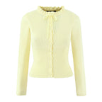Lacing Up Bow Woodears O neck Open Buttons Through Crop Pointelle Knitted Cardigan Sweater Woman Jumper Knitwear