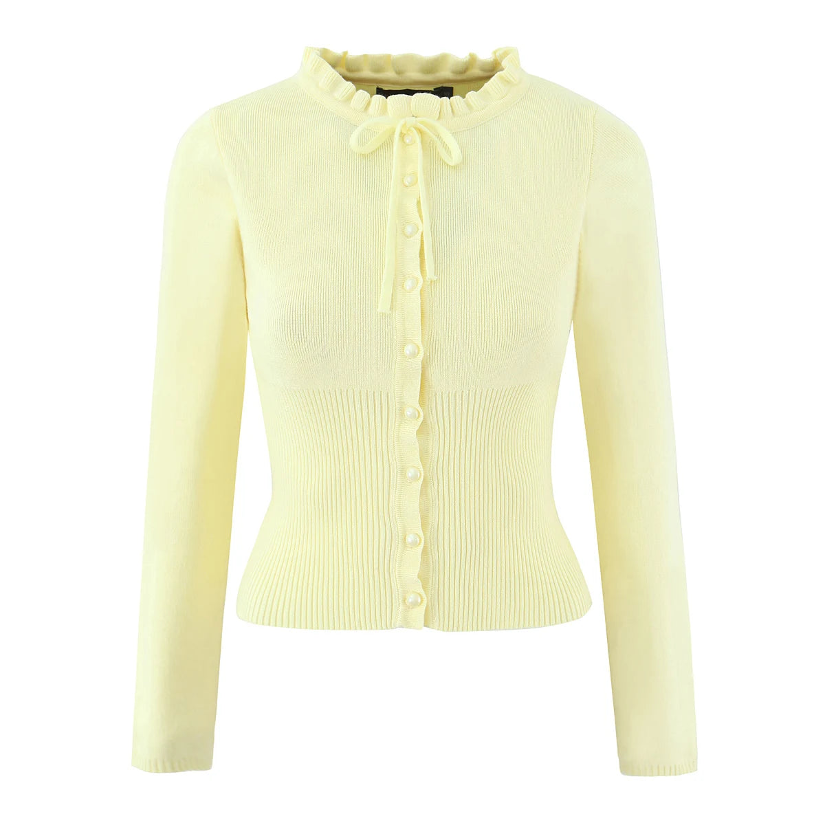 Lacing Up Bow Woodears O neck Open Buttons Through Crop Pointelle Knitted Cardigan Sweater Woman Jumper Knitwear