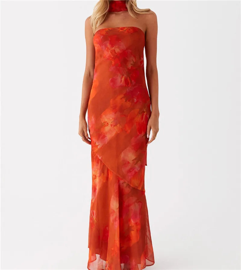 Floral Tube Maxi Dress With Scarf Strapless Backless Mesh Bodycon Sundress