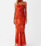 Floral Tube Maxi Dress With Scarf Strapless Backless Mesh Bodycon Sundress