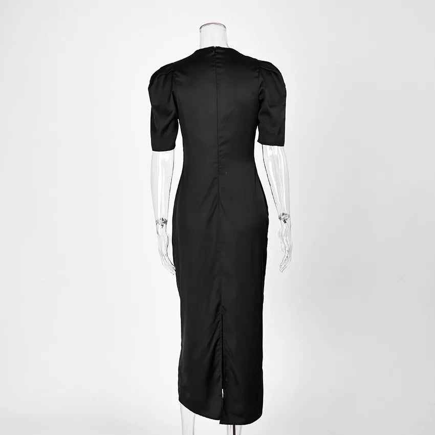 Hollow Out Patchwork Lace Dress With V Neck Short Sleeve High Waist Slim Fit