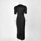 Hollow Out Patchwork Lace Dress With V Neck Short Sleeve High Waist Slim Fit
