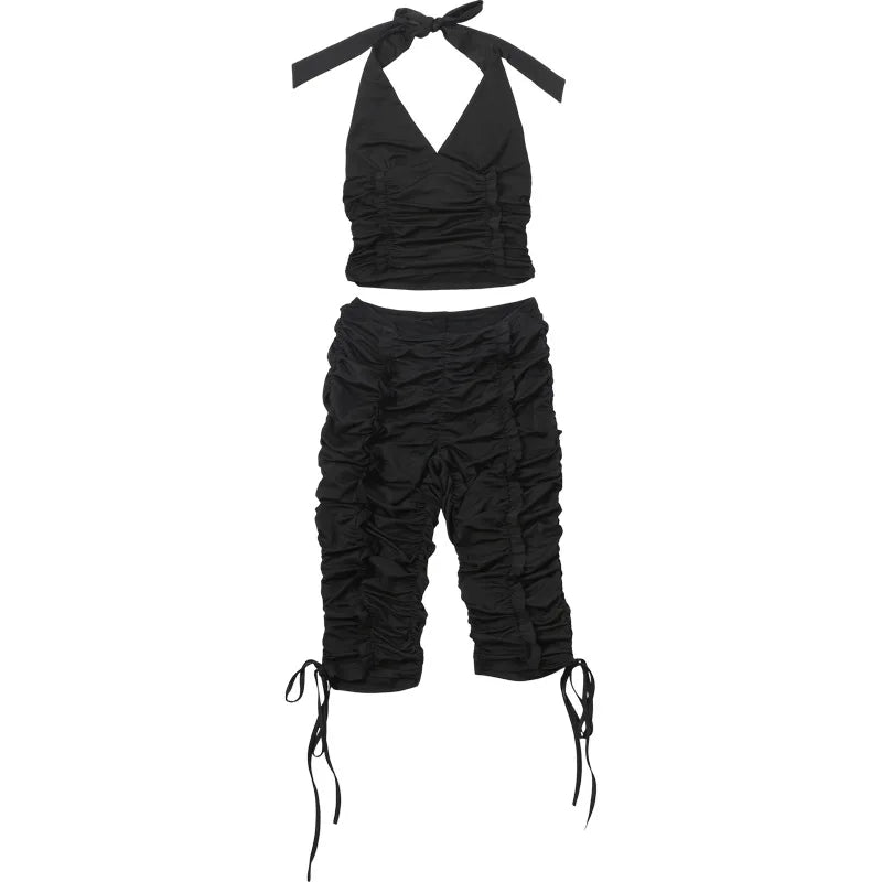 V Neck Halter Crop Top Two Piece Set With Sleek Fitted Pants