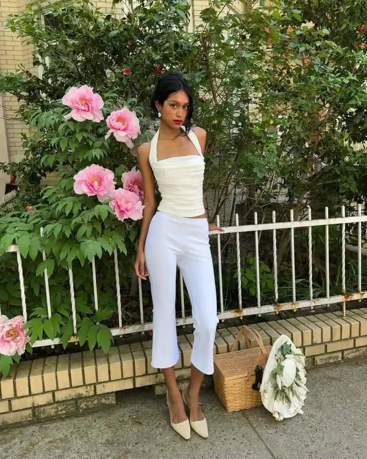 Ruched Halter Backless Top Double Layer