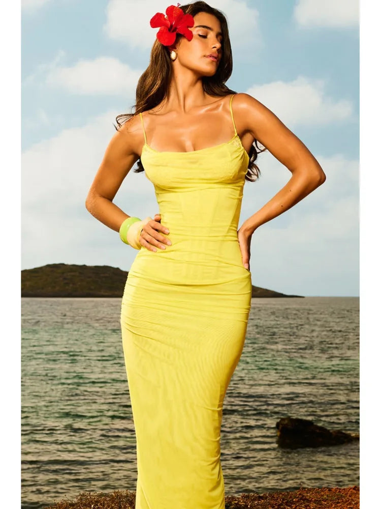 Elegant Mesh Patchwork Bodycon Dress With Spaghetti Straps And Double Layered Zipper Detail