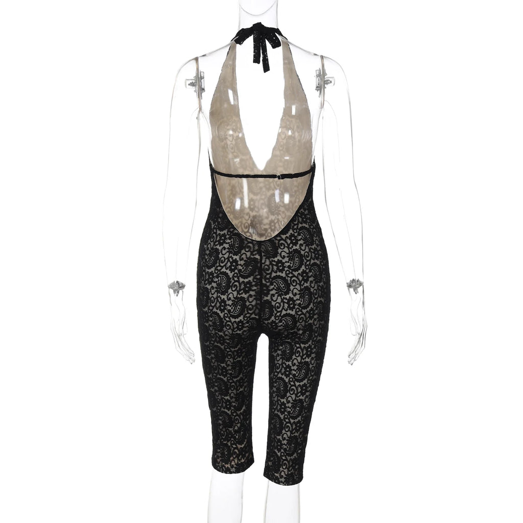 Backless Halter Jumpsuit With Bandage Texture Slim Fit