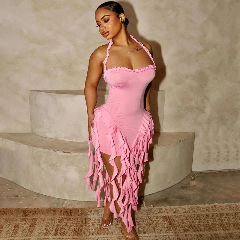 Elegant Halter Backless Ruffles Mini Dress Slim Fit With Tassel Detail