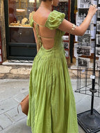 Vibrant Lace Up Back A Line Dress With Short Sleeves