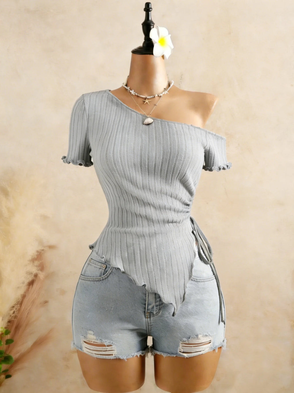 Ribbed One Shoulder Top With Asymmetrical Hem, Drawstring Ruched Detailing