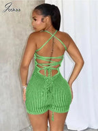 Backless Striped Knit Romper With Bandage Flattering Fit