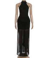 Velvet Halter Turtleneck Backless Mini Dress With Ruched Patchwork Tassel Hem