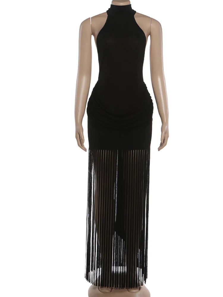 Velvet Halter Turtleneck Backless Mini Dress With Ruched Patchwork Tassel Hem