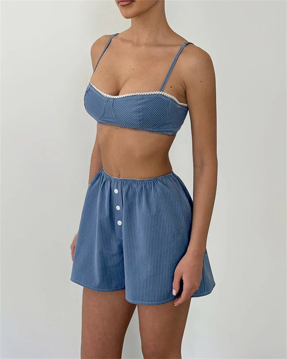 Crop Top Set With High Waist Shorts Spaghetti Strap Two- Piece