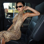 Leopard Print Turtleneck Sleeveless Backless Maxi Dress With Cutout Slit