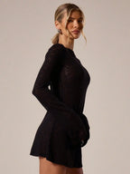 A Line Knit Mini Dress With Slash Neck And Bell Sleeves