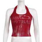 Retro Choker Vest Crop Top In Red With Open Back Knit Tank Style