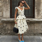 Long Polka Dot Skirt Set With Cropped Puffy Sleeveless Top
