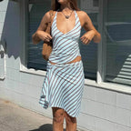 Open Back Halter Crop Top And Striped Skirt Set