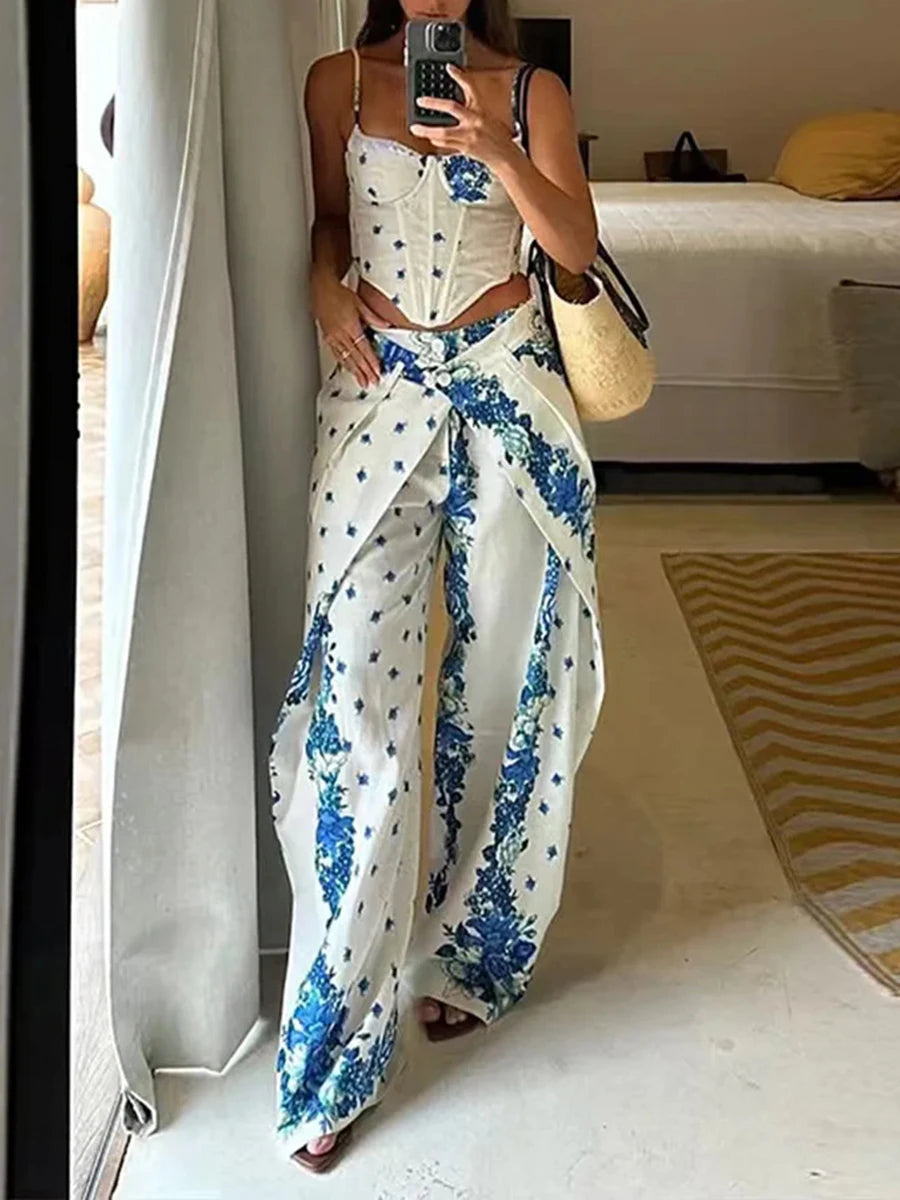 Boho Floral Dream Two Piece Set With Corset Wrap And Wide Leg Pants