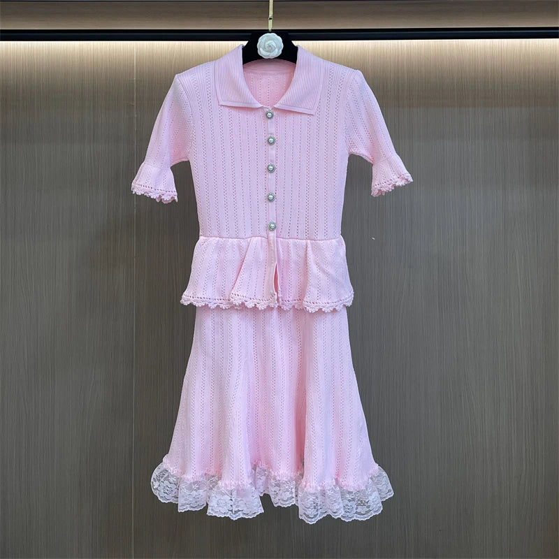 Lace Patchwork Dress With Ruffle Layers And Short Sleeves