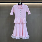 Lace Patchwork Dress With Ruffle Layers And Short Sleeves