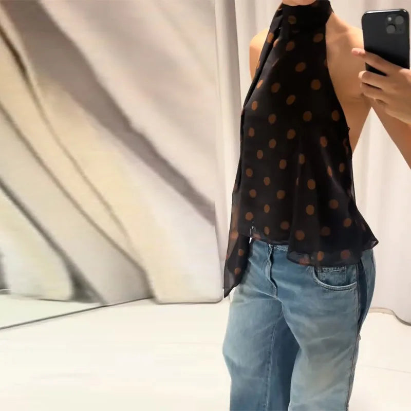 Polka Dot Off Shoulder Tank Top With Lace Up Bow Backless Sleeveless