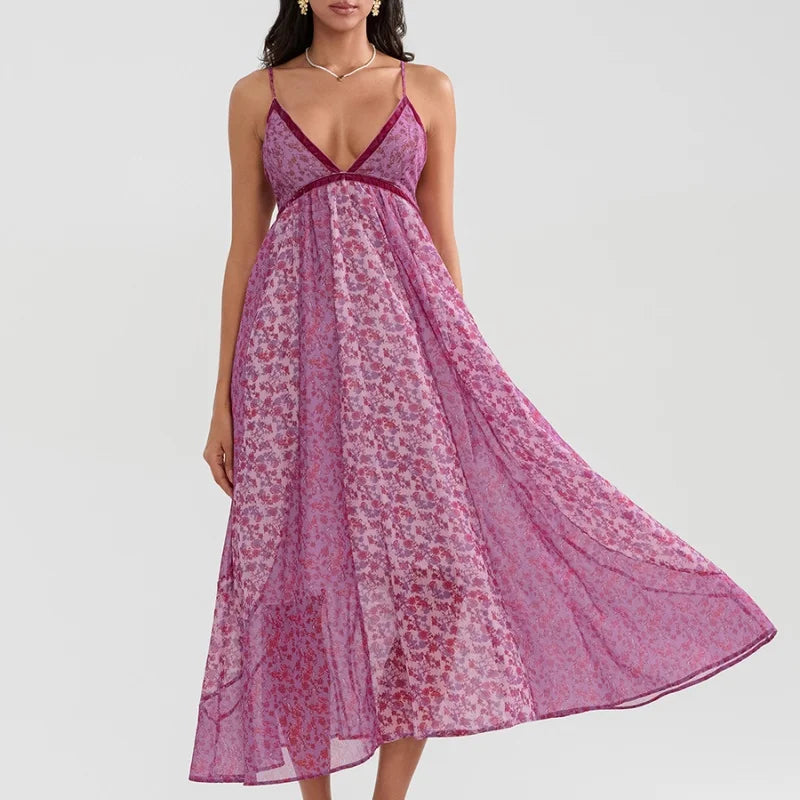 Women's Boho Chiffon Floral Print Long Strap Backless Maxi Dress