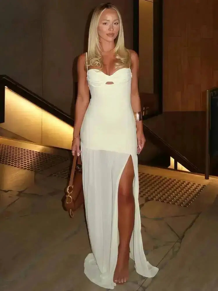 Backless Hollow Mesh Spaghetti Strap Gown Elegant Long Evening Dress