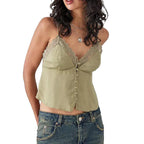 Dreamy V Neck Lace Trim Spaghetti Tank Top With Backless