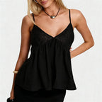 Babydoll V Neck Spaghetti Strap Camisoles with Lace Trim Loose Hem