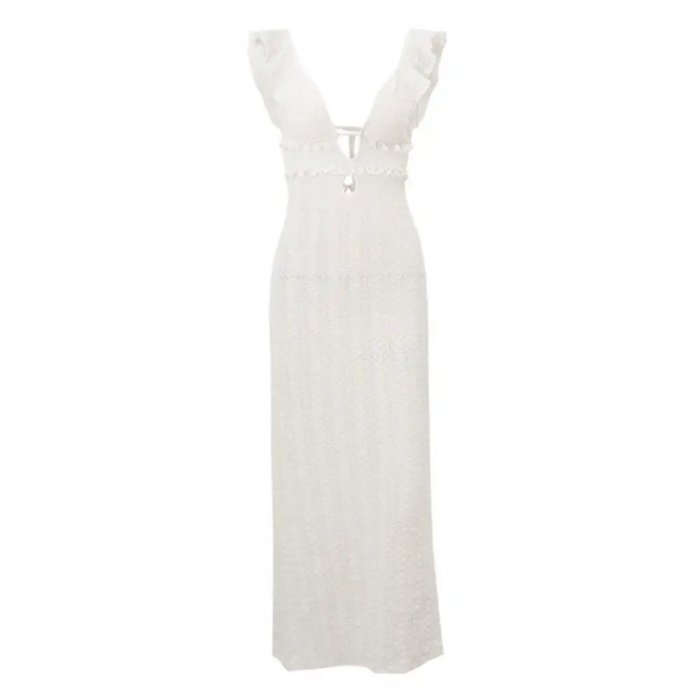 Knit Dress With Backless Hollow Out Lace Up Solid A Line Sleeveless
