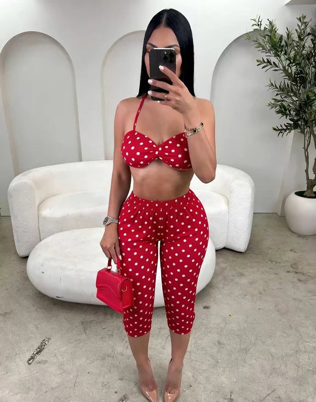 Two Piece Spaghetti Strap Crop Top And Capris Set Sleeveless Backless Look