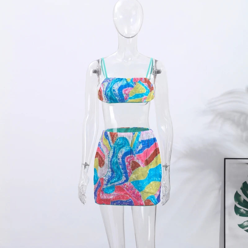 Beaded Sequin Two Piece Set Sleeveless Backless Crop Top And Mini Skirt Glam Outfit