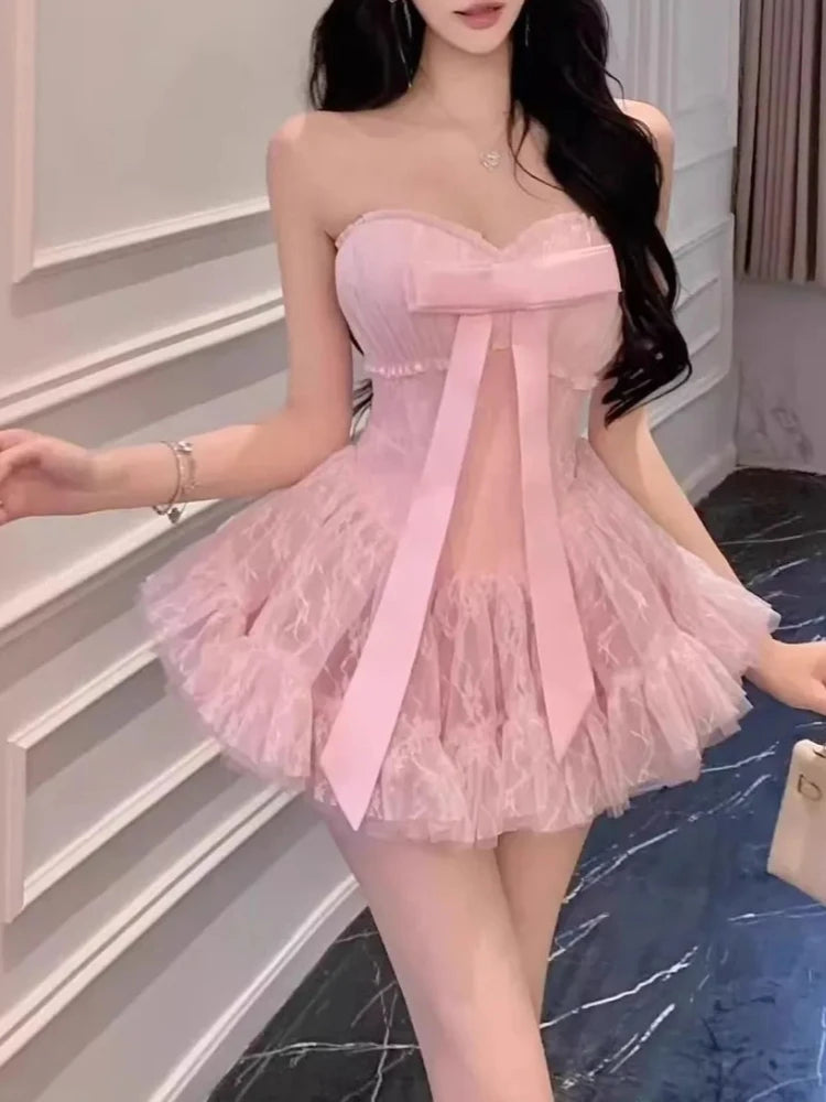 Pastel Pink Bow Mini Tube Top Dress Fairy Princess Aesthetic