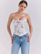 Romantic Floral Corset Top With Lace Trim And Adjustable Straps