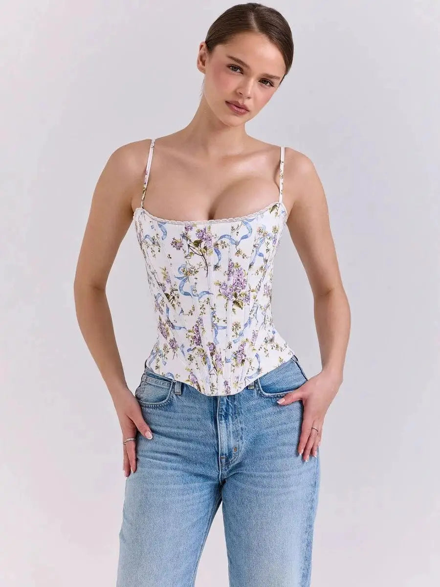 Romantic Floral Corset Top With Lace Trim And Adjustable Straps