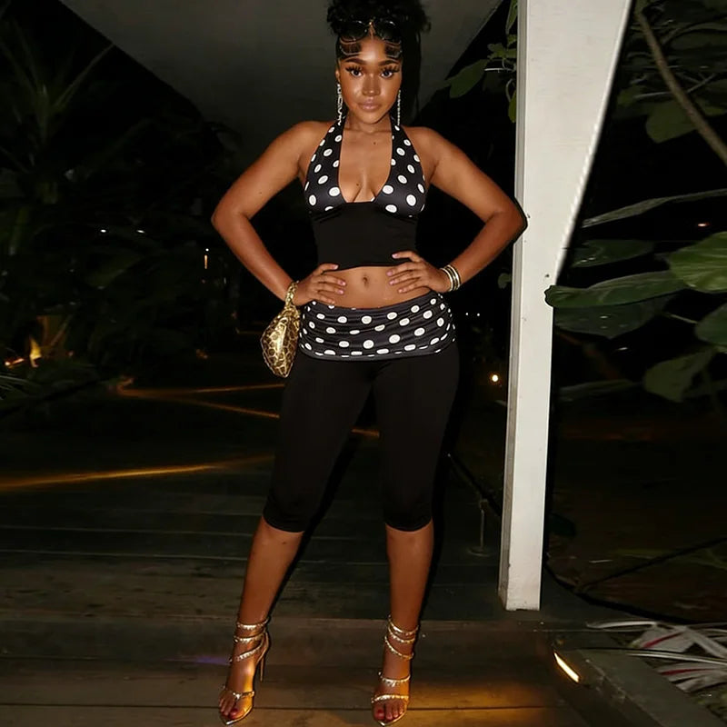 Patchwork Polka Dot Print Two Piece Set With Backless Halter Crop Top And Pleated Waist Capri Pants