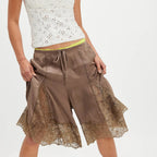 Y2K Lace Floral Bloomers Midi Pants With Silk Satin Patchwork Ruffles