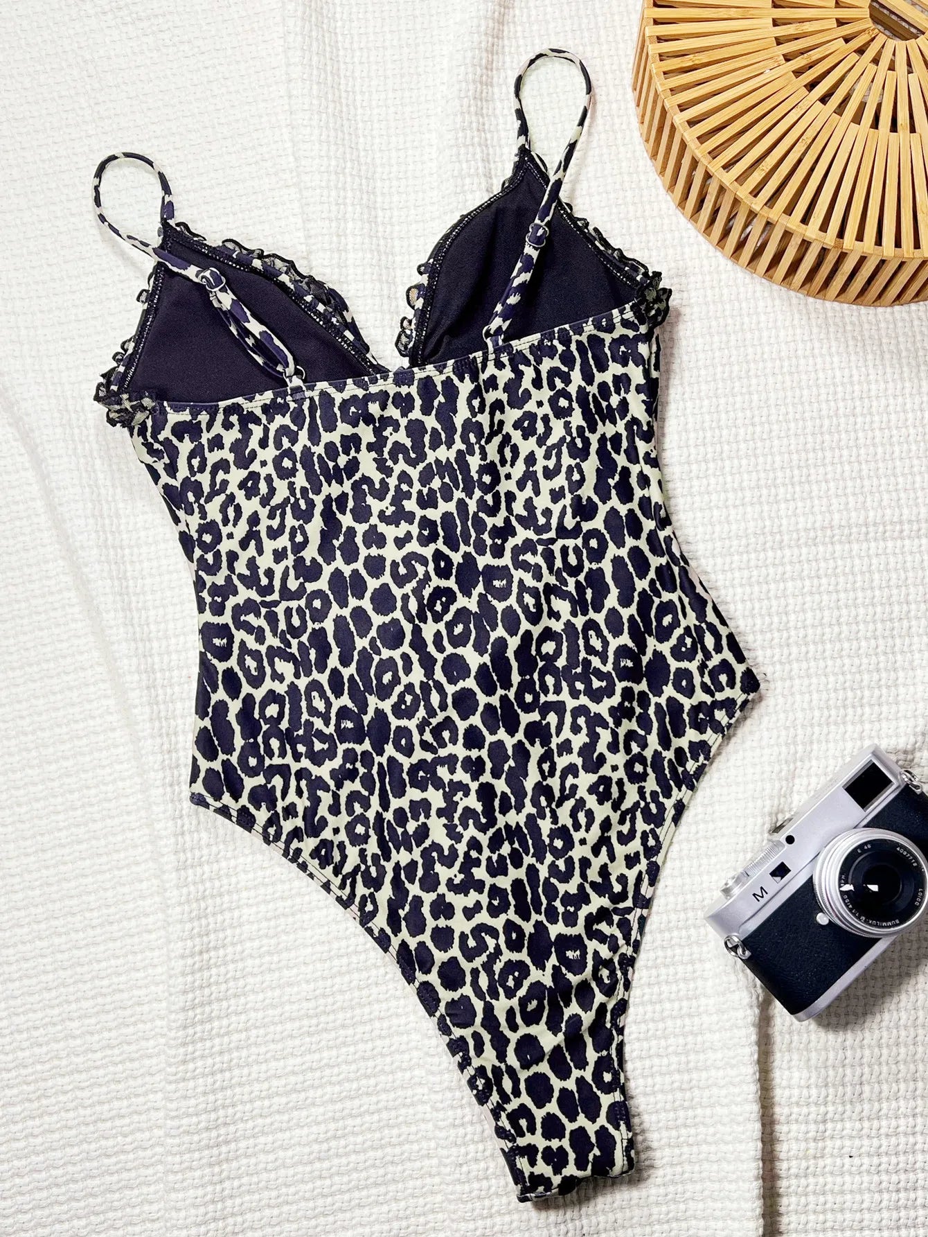Midnight Patchwork One Piece Swimsuit With Lace Trim Front Tie Hollow Out Design
