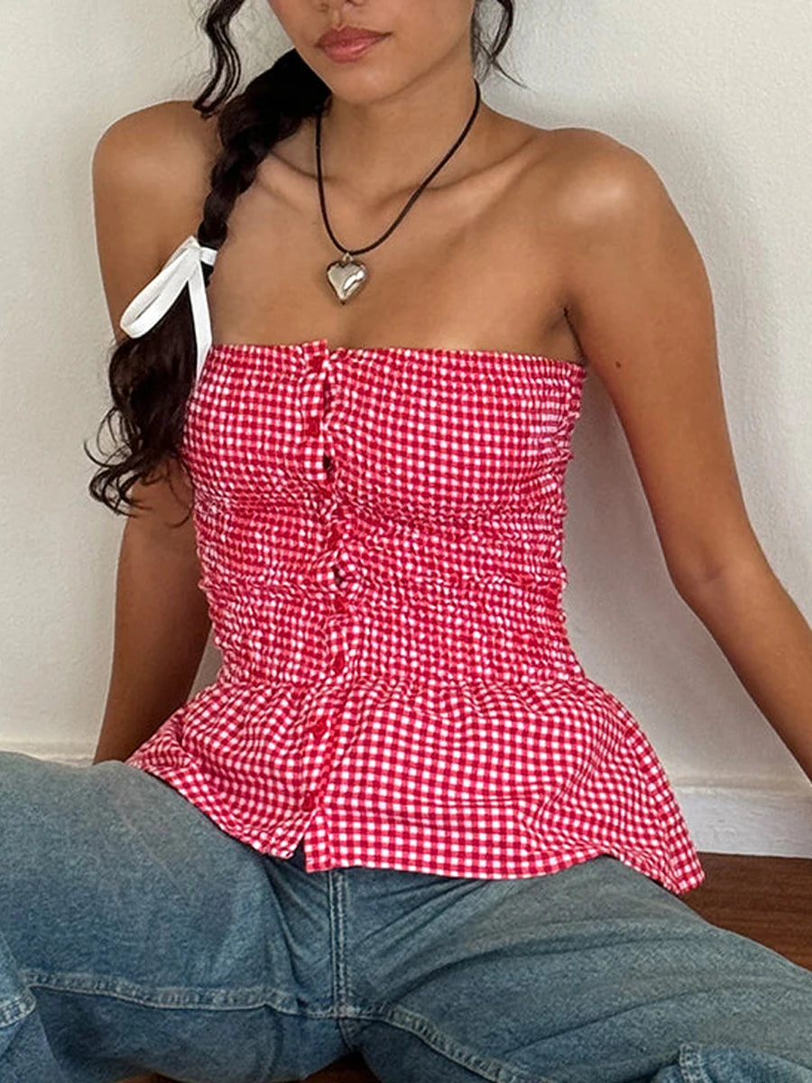 Retro Gingham Crop Top In Plaid Strapless Sleeveless Cami With Ruffle Hem