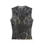 Mesh Print Tank Top With High Collar Slim Fit Cropped