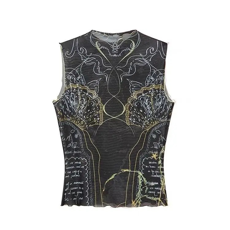 Mesh Print Tank Top With High Collar Slim Fit Cropped