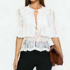Lace Cape Tops Sexy Ruffled Trim Front Tie Closure Short Sleeve Mesh Blouse