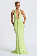 Deep V-Neck Backless Ruched Maxi Dress Halter Gown